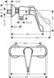 Hansgrohe Brausemischer mit einem langen Griff, seitliche Wasseranschlüsse, oben abgerundetes Design und technische Zeichnung mit Maßen und Anschlussdetails.
